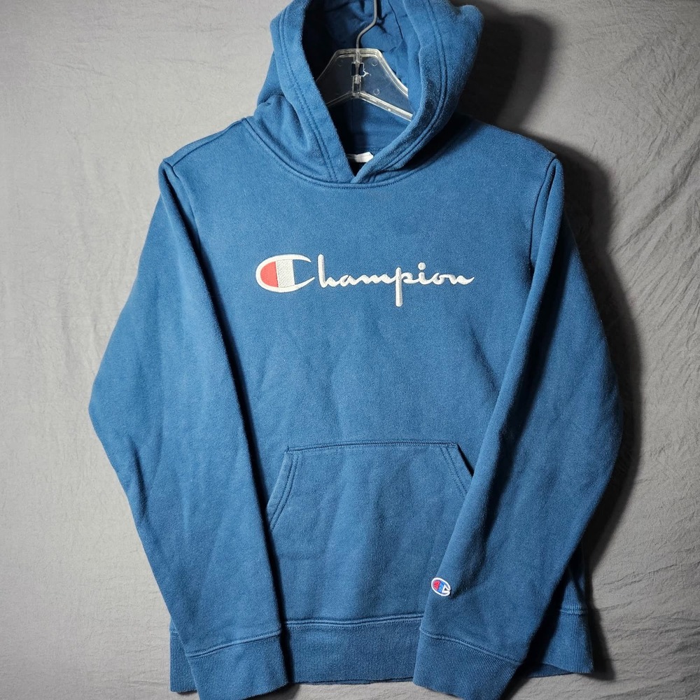 Champion Hoodie Youth XL Blue Script Logo Pullover Sweatshirt Embroidered